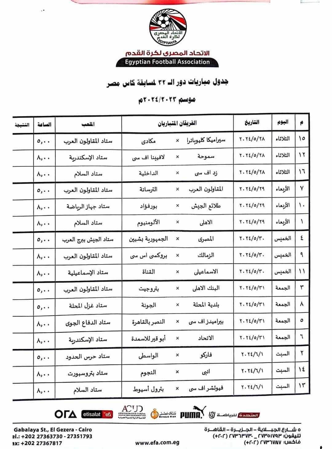مواعيد مباريات دور الـ 32 لكأس مصر 2023-2024